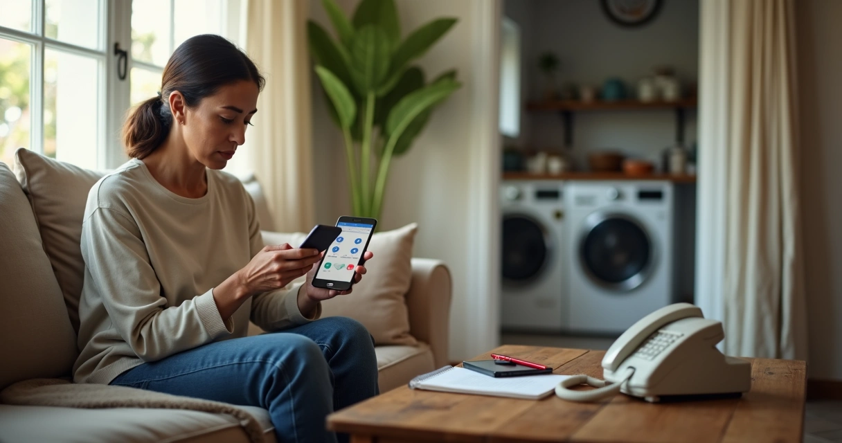 Dona de casa olhando para smartphone enquanto telefone fixo toca sobre a mesa de centro