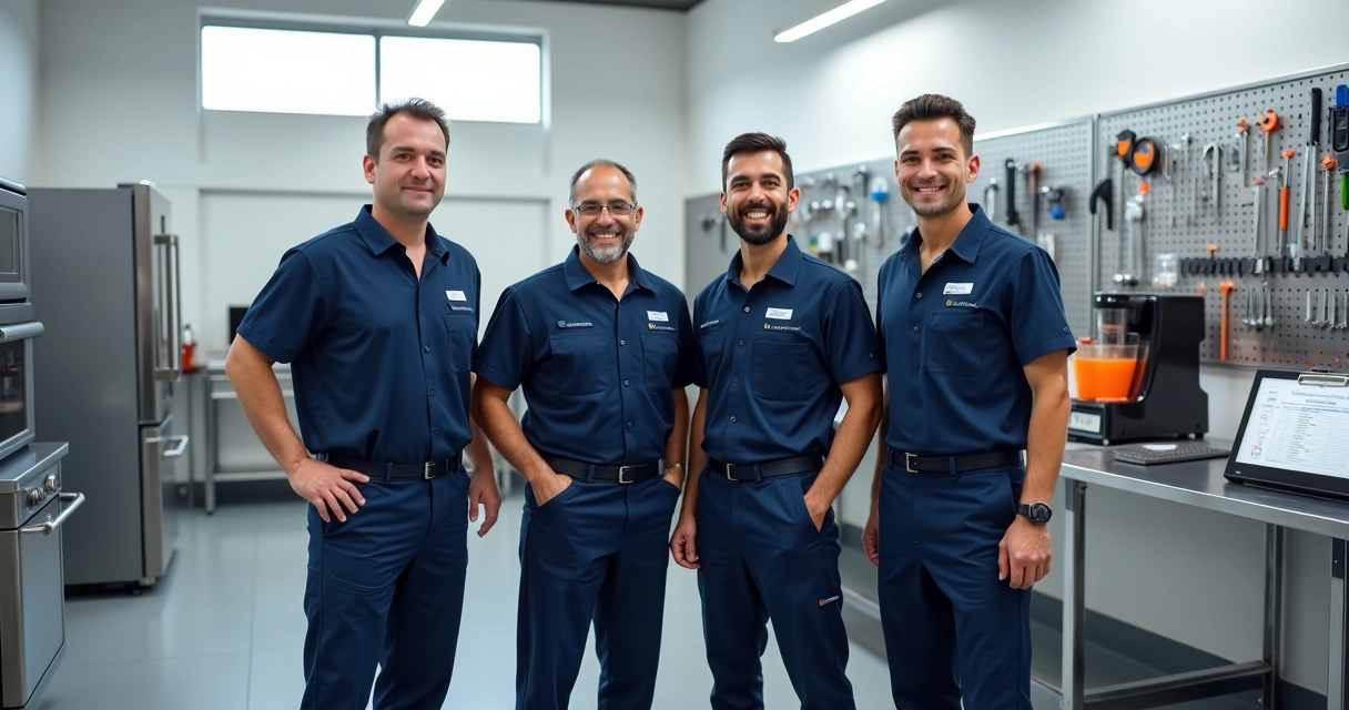Equipe de técnicos uniformizados da MaqLav reunida em oficina limpa e organizada