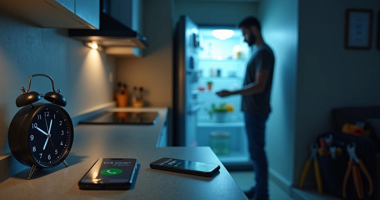 Relógio marcando meia-noite ao lado de cozinha escura iluminada por geladeira aberta